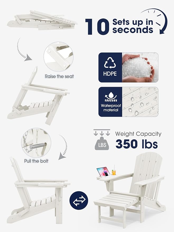 KINGYES Adjustable Folding Adirondack Chair with Footrest & 4-in-1 Multi-Functional Armrest Organizer, HDPE Recliner Adirondack Chair with Pull-Out Ottoman, White