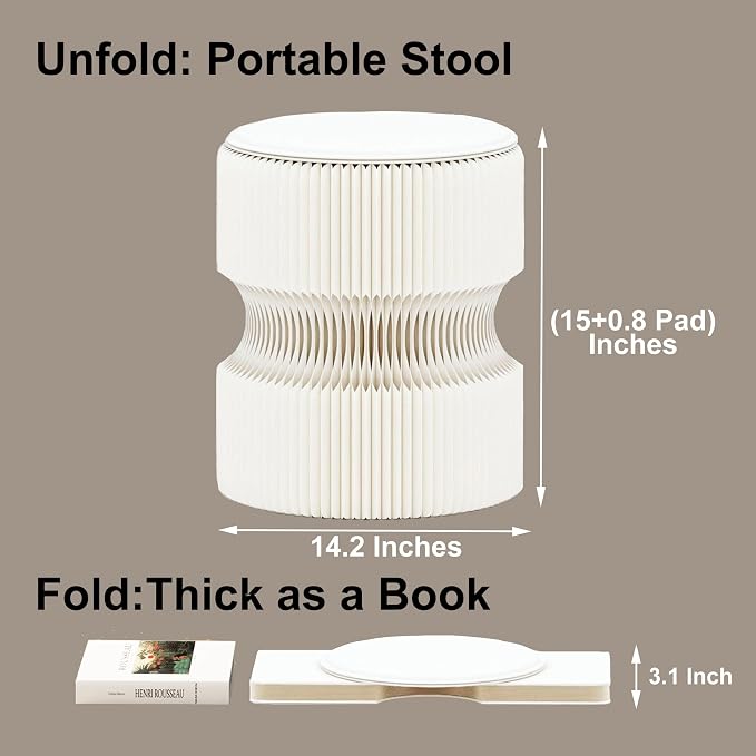 Accordion Folding Stool, Modern Kraft Paper Honeycomb Ottoman, Collapsible Portable Footrest Stool, Fold Up Under Desk Seat for Office Entryway Living Room Small Space (15 Inch, White)