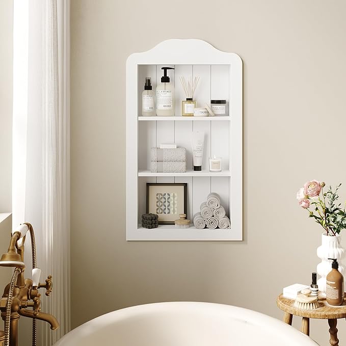 CJL 14'' x 24'' Victorian Recessed Medicine Cabinet, Solid Wood in-Wall Bathroom Cabinet, Wall Niche Shelf, 3-Tier, No MDF, White