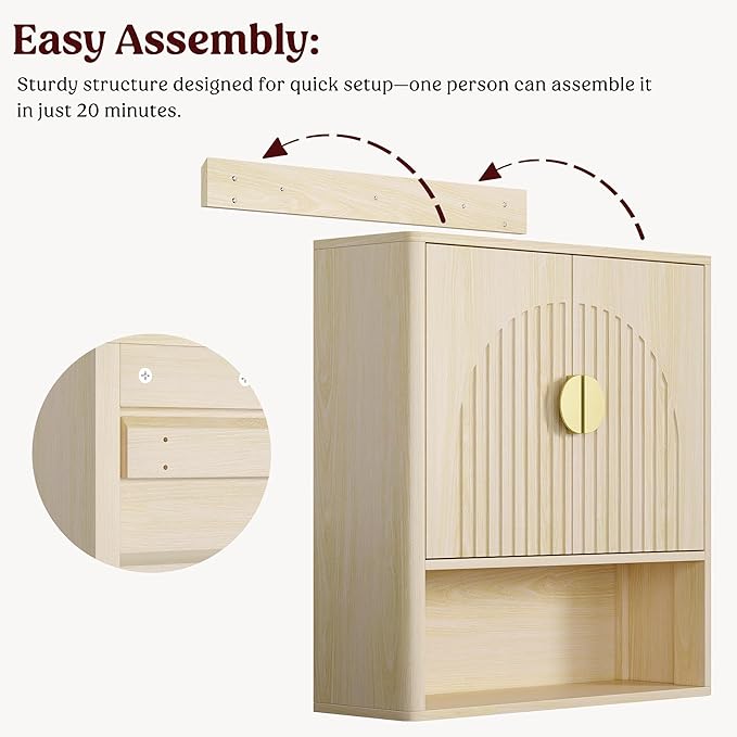 Lulive Bathroom Wall Cabinet with Adjustable Wood Shelf, Fluted Medicine Cabinet with 2 Doors, Over The Toilet Storage Cabinet for Laundry Room, Kitchen, Living Room, Natural