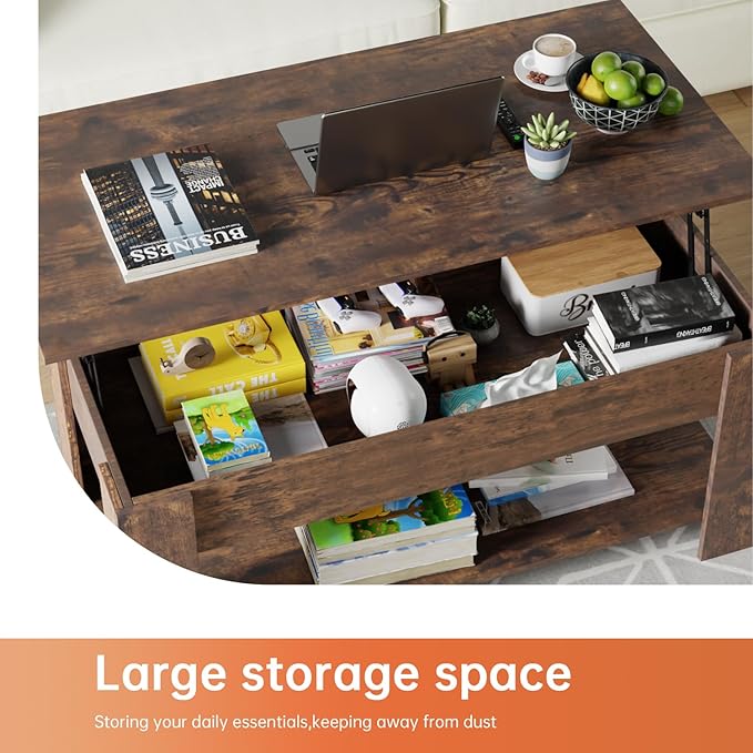FDW Lift Top Coffee Table Coffee Table with Hidden Compartment and Storage Shelf for Living Room Reception Room 47.2in L,Brown