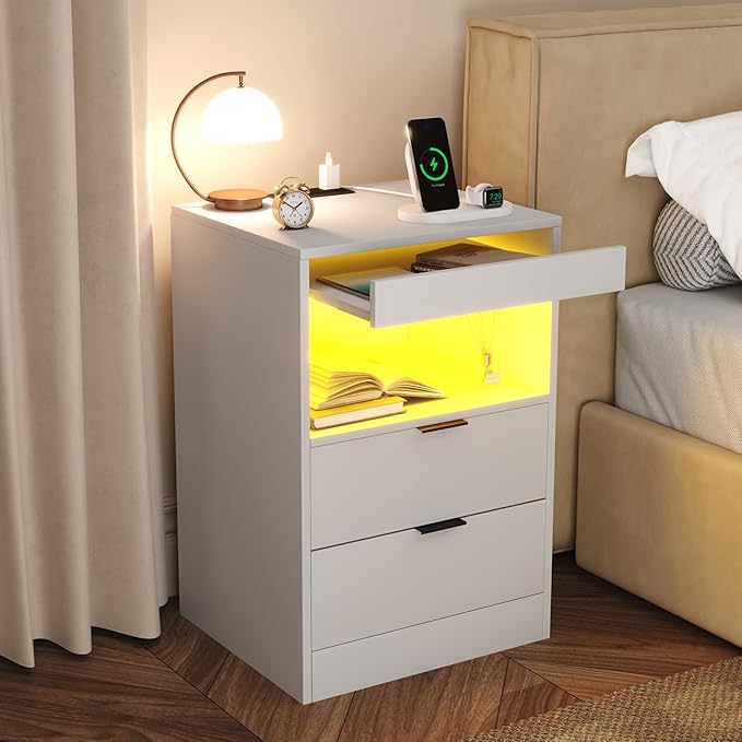 Gadroad LED Nightstand with Charging Station, Bedside Table with USB Ports & Power Outlets, Modern Night Stand with Drawers for Bedroom Small Spaces, White
