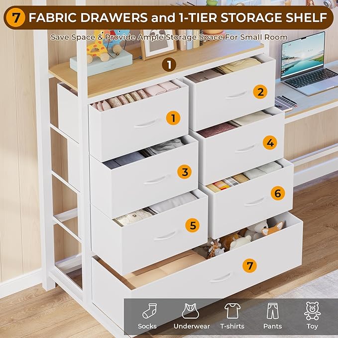 DICTAC Twin Size Loft Bed with L-Shaped Desk and 7 Storage Drawers,Metal Twin Loft Bed for Kids with LED Lights and Charging Station,13.11" H Safety Guardrail and Ladder,No Box Spring Needed, White