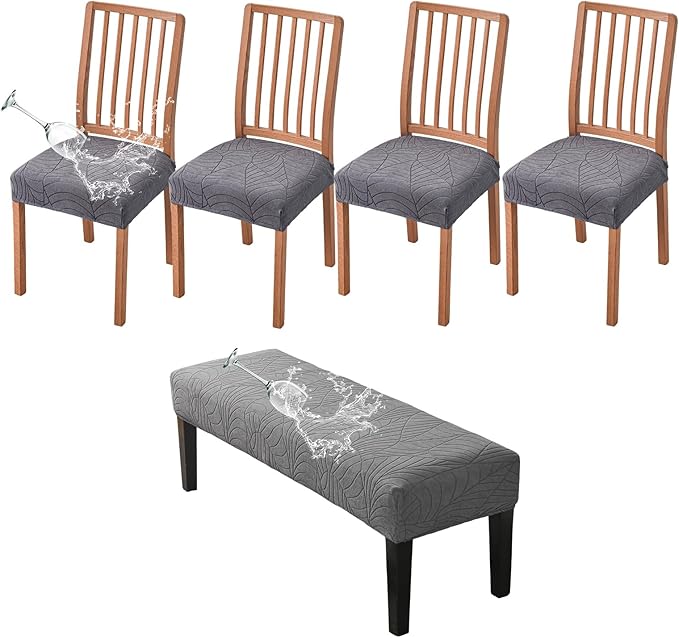CRFATOP Waterproof Dining Room Chairs Seat Covers Set of 4 with Stretch Bench Slipcover Jacquard Kitchen Chair Slipcover Washable Seat Cushion Slipcover for Hotel Banquet Wedding Party, Dark Grey