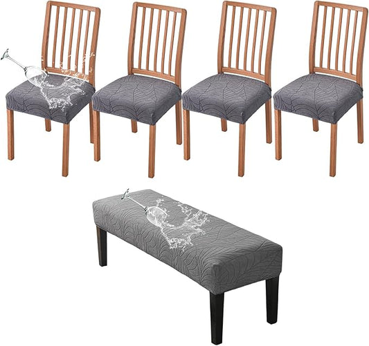 CRFATOP Waterproof Dining Room Chairs Seat Covers Set of 4 with Stretch Bench Slipcover Jacquard Kitchen Chair Slipcover Washable Seat Cushion Slipcover for Hotel Banquet Wedding Party, Dark Grey