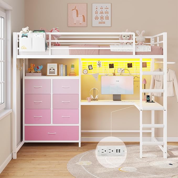 DICTAC Twin Size Loft Bed with L-Shaped Desk and 7 Storage Drawers,Metal Twin Loft Bed for Kids with LED Lights & Charging Station,Girls loft beds with 13.11" H Safety Guardrail and Stair,White+Pink