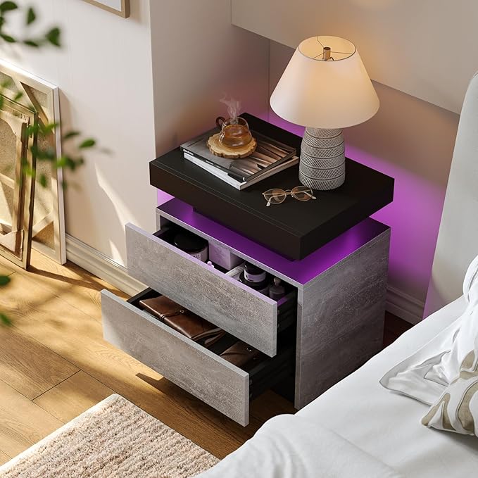 LED Nightstand Bedside Drawer Led Cabinet LED Lights Modern End Side Table with 2 Drawers for Bedroom Grey