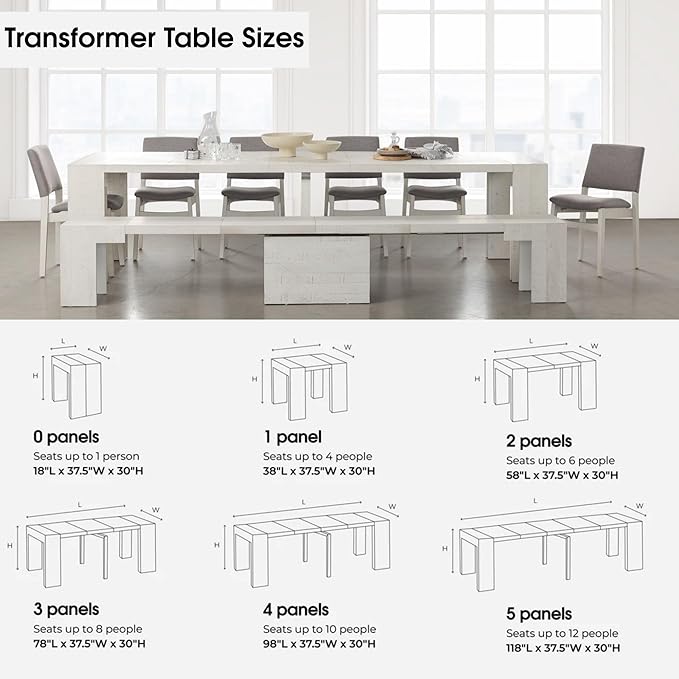 Transformer Table - Solid Wood Extendable Dining Table with 4 Stackable Chairs, Seats 2-12, Expandable Table, Space-Saving Furniture, White Finish (Table + 4 Chairs)