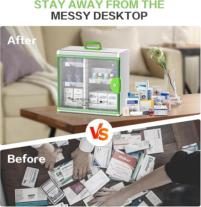 Glosen Lockable Medicine Cabinet with 5 Removable Trays, Wall Mounted & Portable Locking Medicine Cabinet Organizer with Key Lock for Home, Bathroom, Office - Aluminum Alloy Frame(13.6x13.4x6.5Inch)