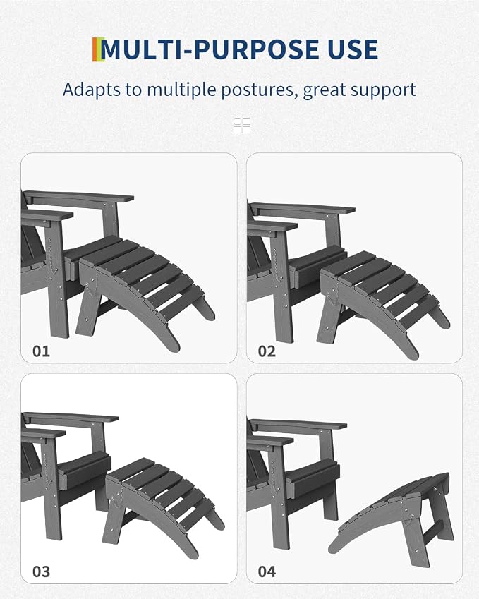 Garvee Folding Adirondack Ottoman, HDPE Outdoor Footrest for Adirondack Chair, All-Weather Resistant for Deck Backyard Patio Outside Poolside Porch Lawn - Grey
