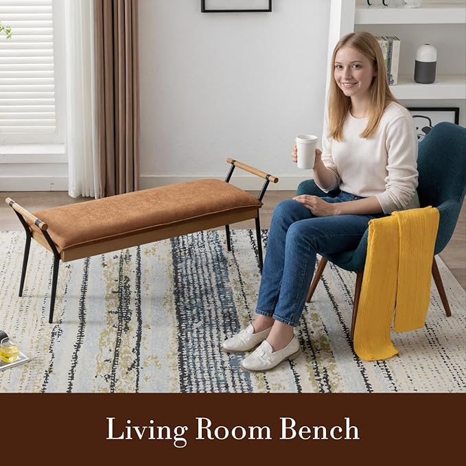 HEAH-YO Modern Dining Bench, 51 Inches Entryway Bench with Armrests, Upholstered PU Leather End of Bench for Bedroom, Brown