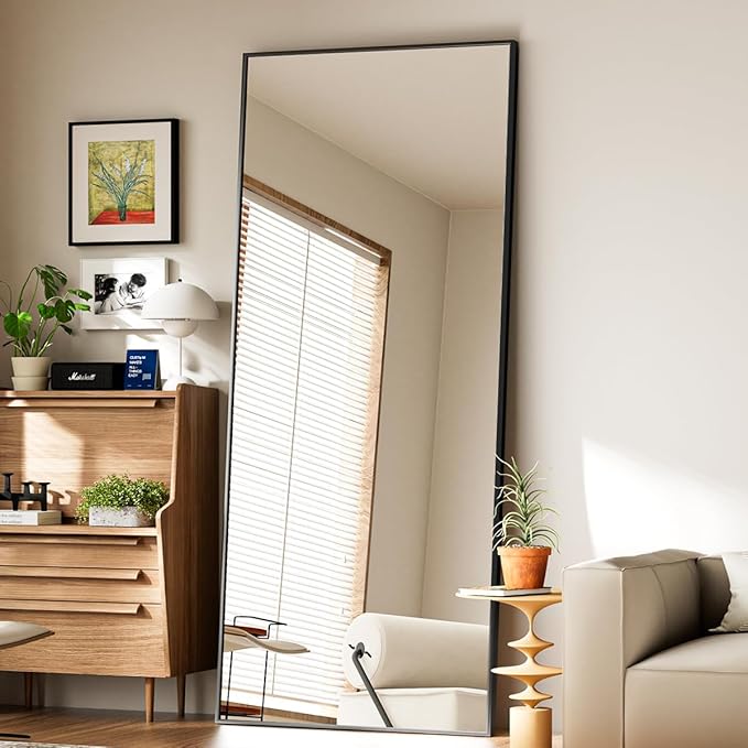 VooBang Mirror Full Length, 24" x 65" Floor Mirror with Stand, Aluminum Alloy Frame Full Body Standing Hanging or Leaning Against Wall for Bedroom and Living Room, Black