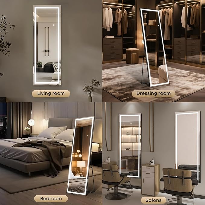 64" x 21" Full Length LED Floor Mirror - Big Wall/Standing Mirror with Lights, Dimmable Touch Screen & Adjustable Color (White/Warm Light), Full Body Mirror for Bedroom, Dressing Room, Vanity, Makeup