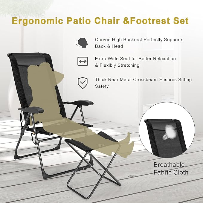 Giantex 4 Pcs Folding Patio Chairs with Footrest, Adjustable Back, 2 Pack Outdoor Portable Sling Patio Dining Chairs for Camping Lawn Bistro Porch Garden Yard Pool, Black