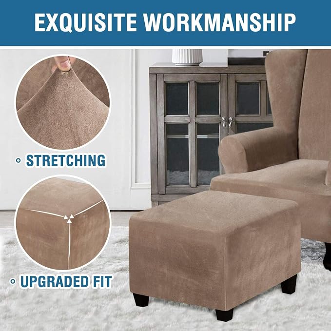 H.VERSAILTEX Square Ottoman Covers Ottoman Slipcover Square Footstool Protector Covers Storage Stool Ottoman Covers Stretch with Elastic Bottom, Feature Real Velvet Plush Fabric, Camel