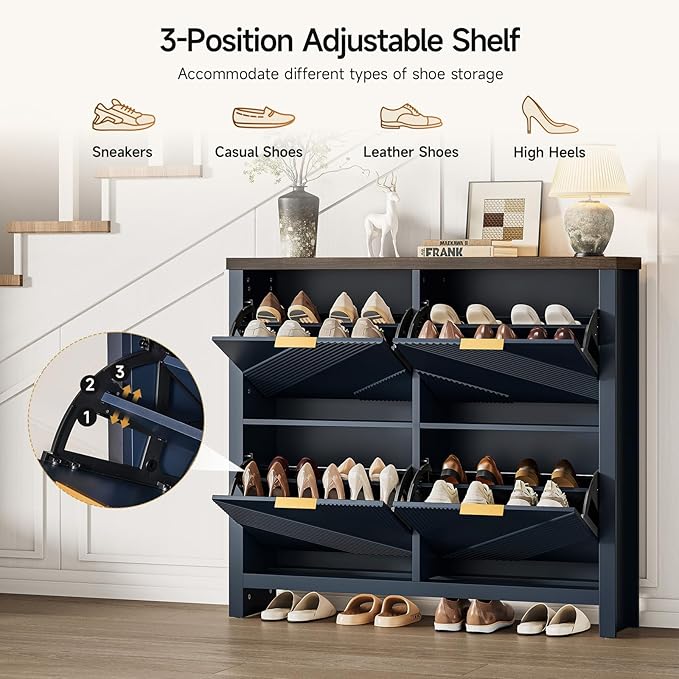 ONBRILL Shoe Cabinet with 4 Flip Drawers, 16-24 Pairs Shoe Organizer with Symmetric Groove Pattern, Freestanding Slim Hidden Shoe Storage Cabinet for Entryway, Hallway (Navy Blue)