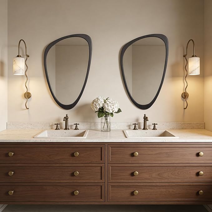 WallBeyond Asymmetrical Mirror, Irregular Wall Mirror, Wall Mirrors Decorative for Bedroom Living Room Entryway Hall, Wood Mirror for mid Century Modern Decor 30" H x 19" W, Dark Brown