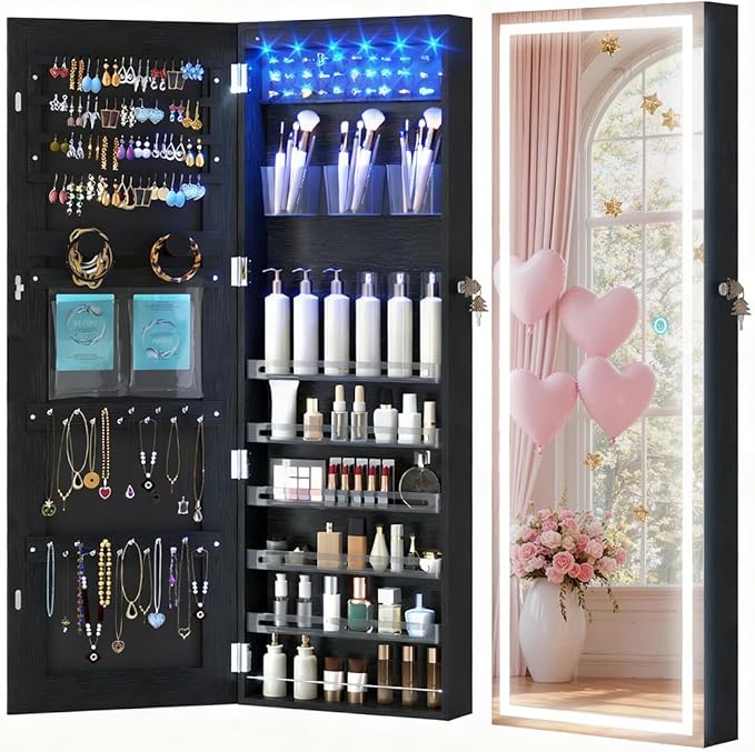 LVSOMT LED Mirror Jewelry Cabinet Door Hanging, Wall Mounted Jewelry Mirror Organizer Full Length, Lockable Jewelry Armoire, Large Capacity, for Small Space Bedroom, Gift for Women, Black