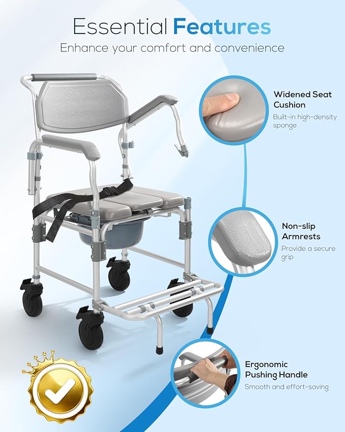 Shower Chair with 5" Enlarged Wheels, 330lbs Heavy Duty Bedside Commode Wheelchair, Folding Arms & Footrests, Lockable Casters, Sponge Padded Seat & Safety Straps, for Elderly and Mobility