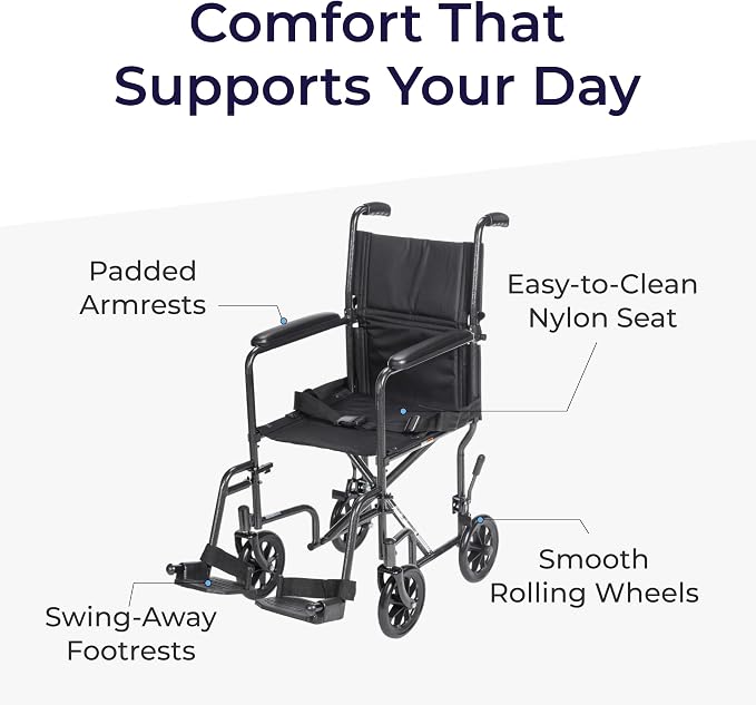 Drive Medical Lightweight Folding Transport Wheelchair - Reliable Mobility Support - Durable Steel Frame - Swing-Away Footrests - Compact Travel Design - Silver