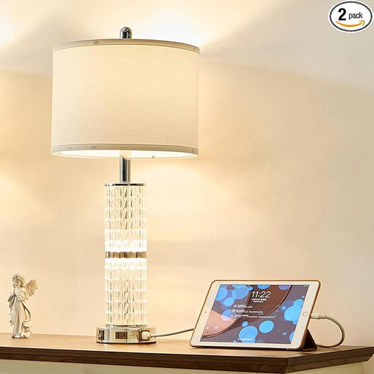 SAIWEYA Crystal Table Lamps Modern 3-Way Dimmable Bedside Lamp with 2 USB Ports & AC Outlets for Living Room Bedroom Nightstand Lamp Night Light