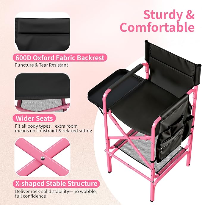 VINGLI 31" Tall Director's Chair for Makeup Artist, Aluminum Portable Makeup Chair with Retractable Side Table & Footrest,Supports 300 lbs, Foldable Makeup Chair for Studio, Pink & Black