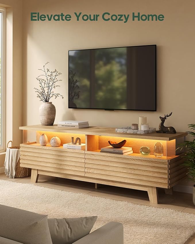 HAUOMS 59" TV Stand for Living Room with Cable Management, Hidden Power Station, LED Lights, Media Console up to 70", Entertainment Center, Fluted Modern TV Cabinet with Storage, Anti-Tip, Oak
