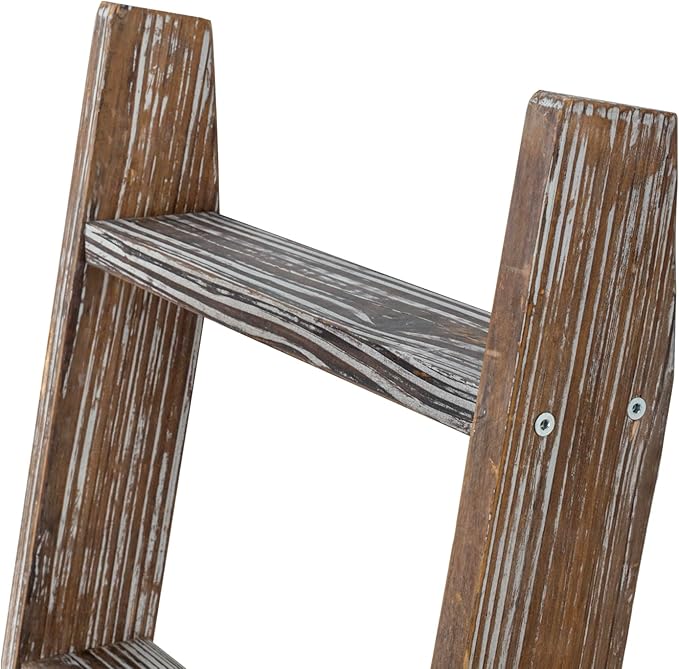 MyGift Decorative Ladder Shelf, 4.5 Foot Wall Leaning Wooden Towel Blanket Ladder Storage Rack for Bathroom or Living Room, Torched Brown Wood