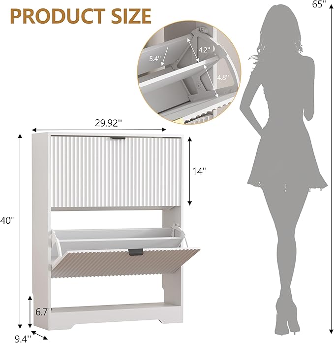 HUANLEGO Shoe Cabinet Storage for Entryway with 2 Flip Drawers, White Fluted Shoe Cabinet with Open Storage, Wooden Hidden Shoe Rack Freestanding Narrow Slim Shoes Organizer for Hallway, Entrance