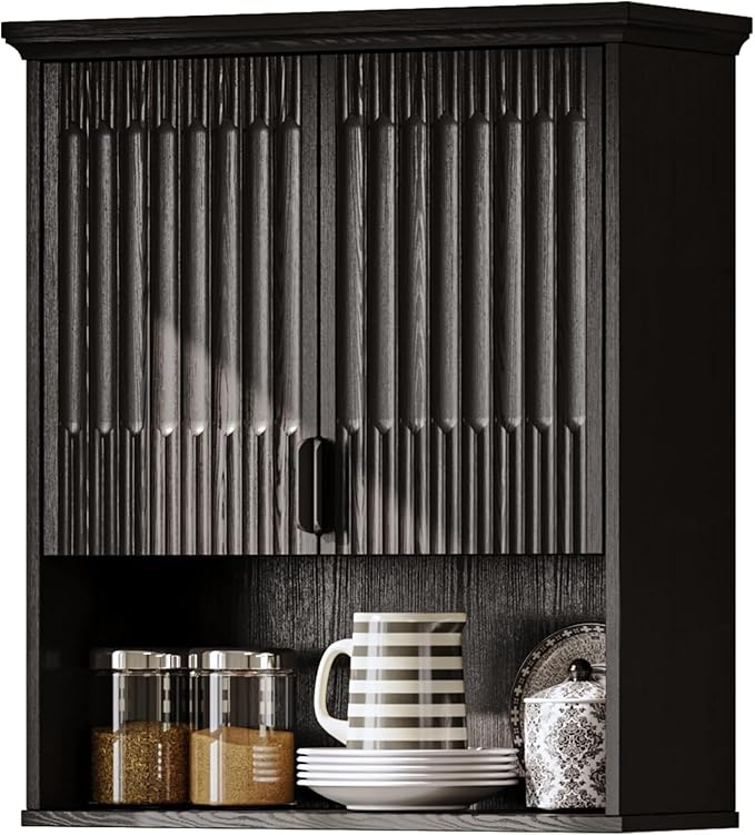 Fatmok Bathroom Wall Storage Cabinet, Medicine Cabinet with Adjustable Wood Shelf & Doors, Over the Toilet Storage Cabinet for Laundry Room & Living Room Kitchen,Black