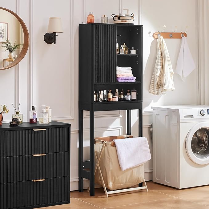 LEYAOYAO Fluted Over The Toilet Storage Cabinet, Farmhouse Over Toilet Bathroom Organizer with a Sliding Door, 68" Tall Black Freestanding Washer Shelf with Adjustable Shelf & Curved Profile