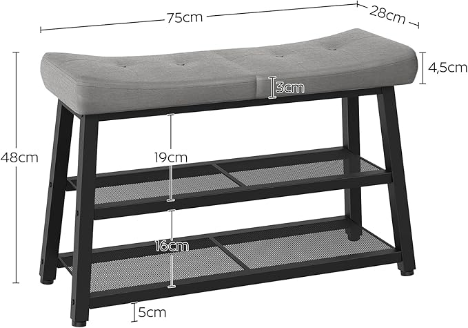 YATINEY Shoe Bench, 3-Tier Shoe Rack, Entryway Bench with Storage and Cushion, for Hallway, Foyer, Bedroom, Gray and Black HX02BG