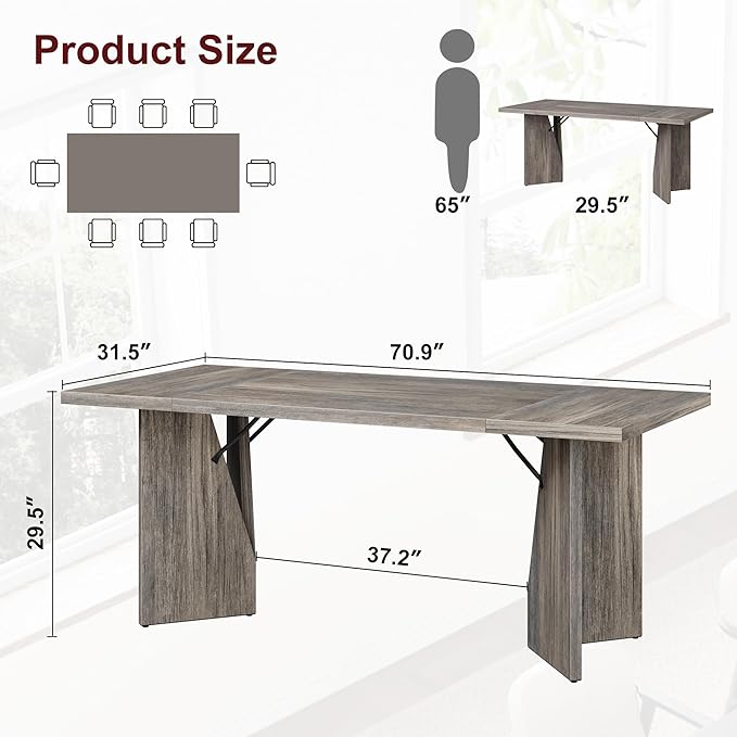 GarveeHome 70.9'' Rectangular Dining Table for 6-8, Wooden Thickened Long Desk, Farmhouse Kichen Table with Sturdy Frame and M-Shaped Legs, for Dining Room, Kitchen, Living Room, Office, Grey