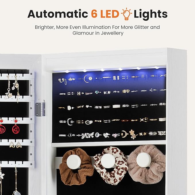 Elevon 6 LEDs Jewelry Cabinet Organizer, 47.2-inch Jewelry Armoire with Full-Length Mirror, Wall or Door Mounted Jewelry Storage, Lockable Large Capacity Storage, White