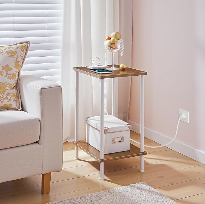 HOOBRO Side Table with Charging Station, Set of 2 End Table with USB Port and Outlets, Nightstand with 2-Layer Storage Shelves for Small Spaces, Living Room, Bedroom, Walnut and White WH09UBZP201
