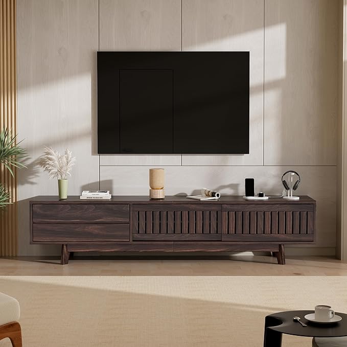 TV Stand for up to 85 Inch TVs, 78.7" Entertainment Center with Storage & Power Outlet, Mid Century Modern Media Console w Drawers and Sliding Door, Television Stands for Living Room, Walnut