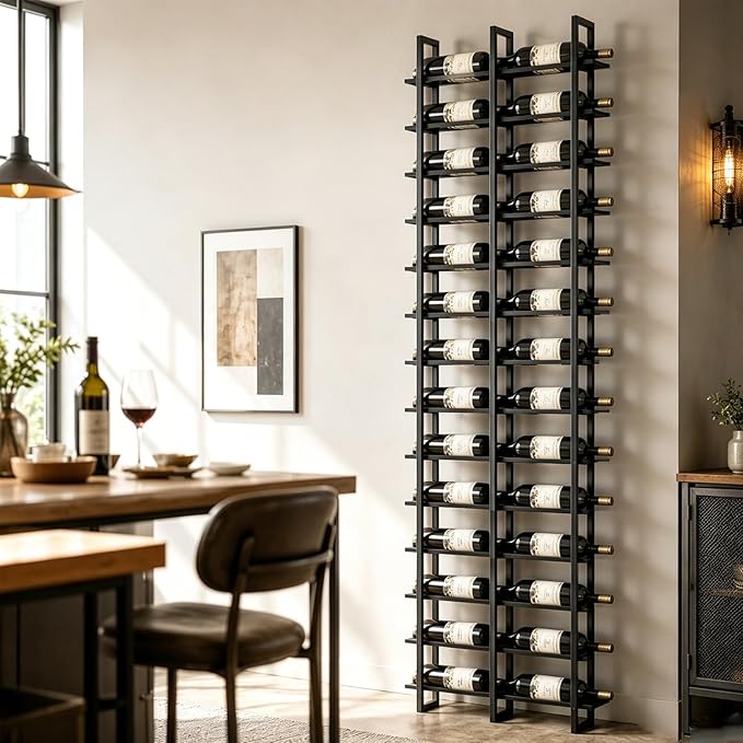 Large Wall Mount Wine Rack, 16 Tier 32 Bottle Wine Storage Organizer Display Holder, Metal Liquor Display for Wine Cellars, Home Bars, Kitchens, and Dining Rooms (Black, 32 Bottles)