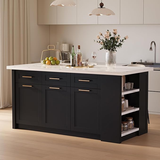 homary 72" Modern Kitchen Island with Storage, White Marble-Effect Engineered Wood Top, Modern Kitchen Table for Dining Room, Black & White