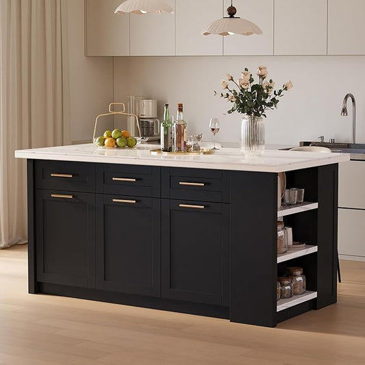 homary 72" Modern Kitchen Island with Storage, White Marble-Effect Engineered Wood Top, Modern Kitchen Table for Dining Room, Black & White