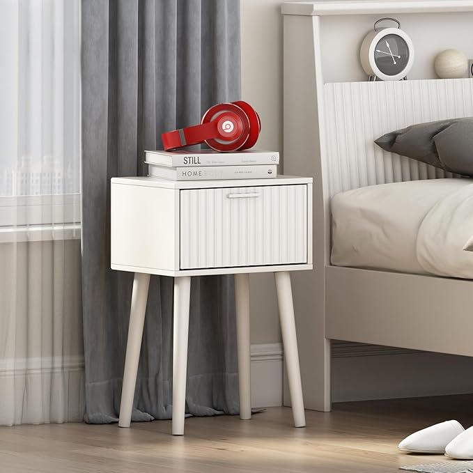 LAATOOREE Nightstands Set of 2, Small Side Table, Bedside Table with Fluted Door, Solid Wood Feet; Modern Mid-Century End Table for Bedroom, Small Space (White)