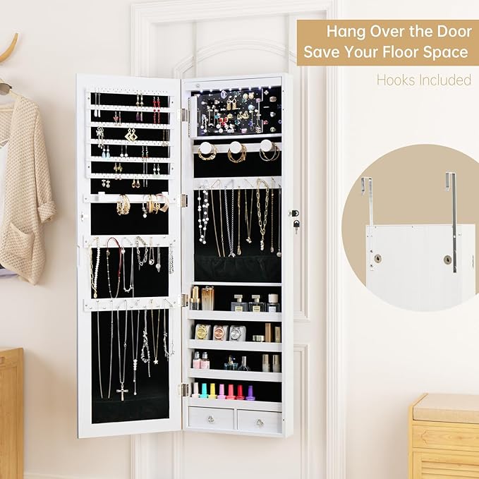LED Jewelry Cabinet with Mirror - 47.3" Mirror Jewelry Armoire Door Hanging/Wall Mounted Mirror with Storage And Drawers White