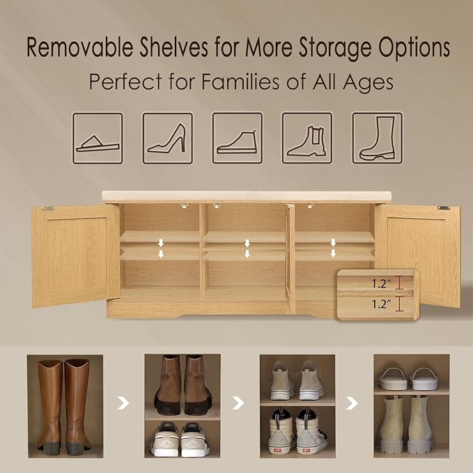DINZI LVJ Shoe Bench, Entryway Storage Bench with Doors, Cushion, 2-Tier Shoe Rack with 6-Cubby, 39.4”L x 13.8”W Shoe Organizer Cabinet, Adjustable Shelf, Living Room, Bedroom, Natural with Rattan