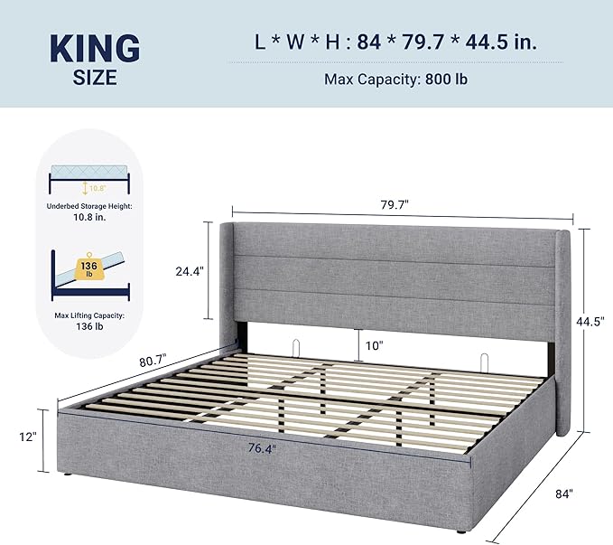 Allewie King Size Lift Up Storage Bed, Modern Wingback Headboard, Hydraulic Support, No Box Spring Needed, Light Grey