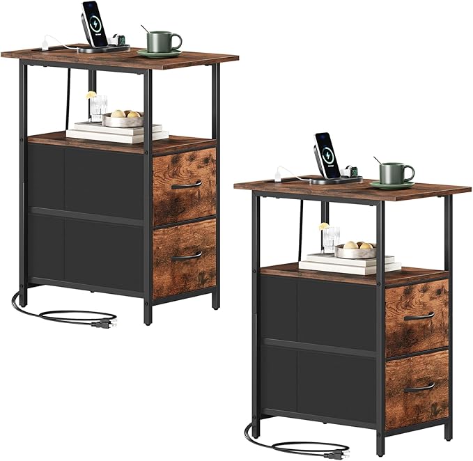 Somdot End Table Set of 2 with Charging Station, Narrow Side Table with 2 Drawers, Skinny Nightstand with Storage, Small Slim Bedside Table for Living Room, Sofa, Bedroom, Couch, Wood Grain Print