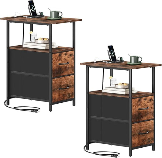 Somdot End Table Set of 2 with Charging Station, Narrow Side Table with 2 Drawers, Skinny Nightstand with Storage, Small Slim Bedside Table for Living Room, Sofa, Bedroom, Couch, Wood Grain Print
