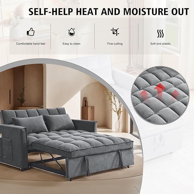 3 in 1 Convertible Sleeper Sofa Bed, 54'' Full Size Velvet Pull Out Futon Couch Recliner with Reclining Backrest & 2 Pillows, Small Loveseat Lounge Couches for Small Spaces (Medium Grey)