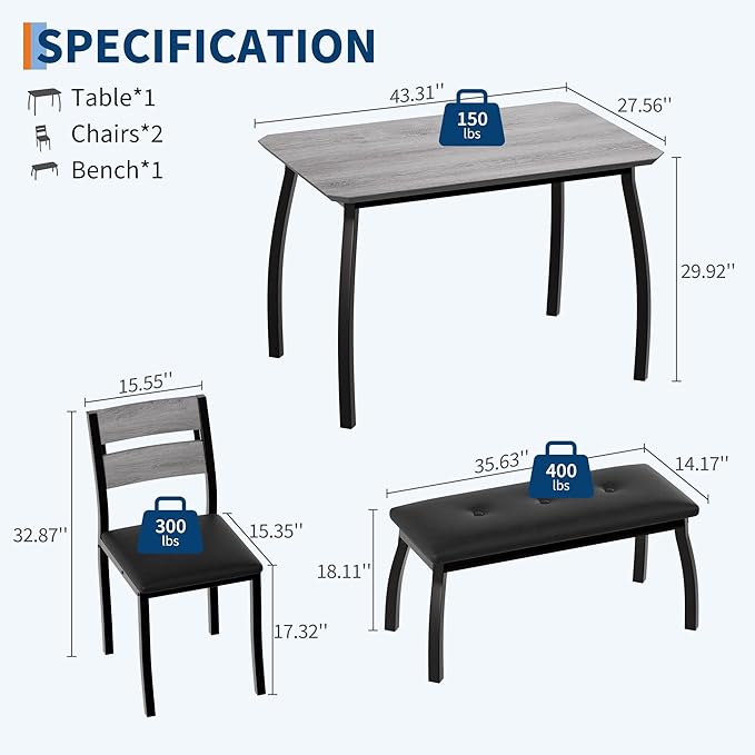 IDEALHOUSE 43'' Dining Table Set for 4, Wooden Kitchen Table with Upholstered Bench & 2 Cushion Chairs, Industrial Dinette Set for Studio, Kitchen, Dining Room, Apartment, Gray