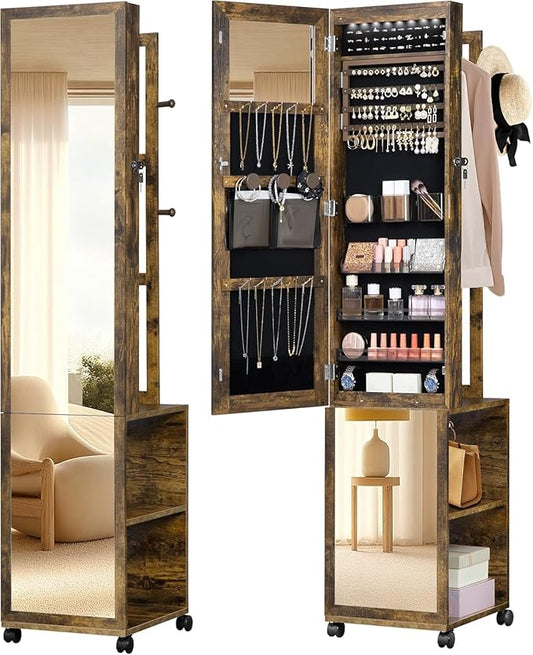 Hzuaneri 8 LEDs Jewelry Cabinet Armoire, 66.9-inch Jewelry Organizer with Garment Rack, Lockable Full-length Mirror with 4 Wheels, Storage Shelves with Hooks, 5-in-1, Toasted Oak JC17007B