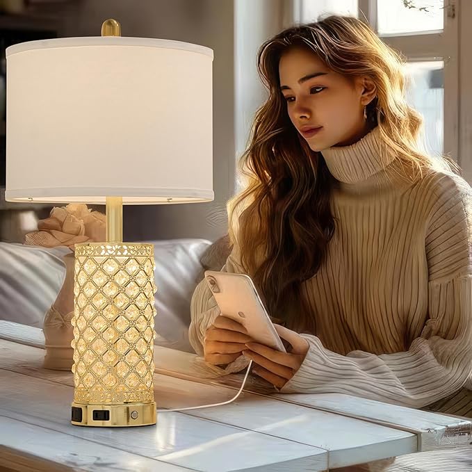 SAIWEYA Crystal Table Lamps Modern 3-Way Dimmable Bedside Lamp with 2 USB Ports & AC Outlets for Living Room Bedroom Nightstand Lamp Night Light (Gold- 1 Pack 24In)