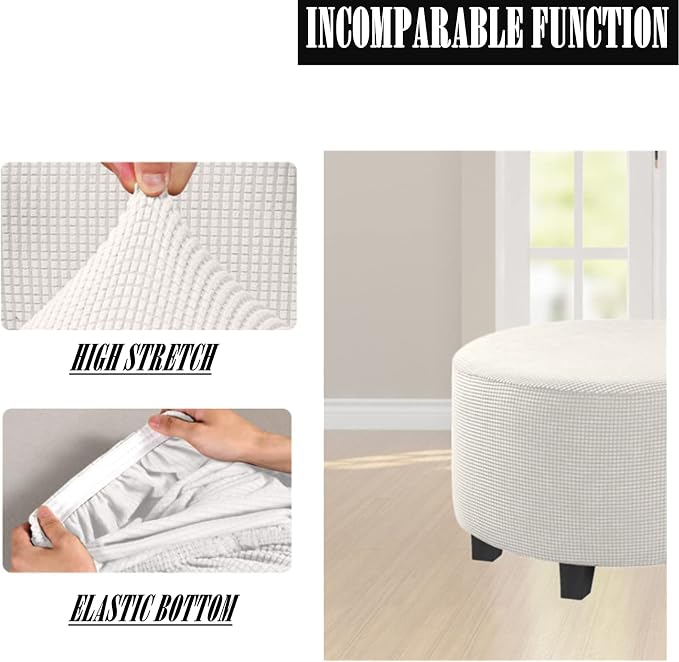 Stretch Ottoman Slipcover – Round Furniture Protector Fits 20"-23" Dia, for Footrests, Storage Ottomans & Folding Stools – Elastic Fabric Cover (White, Medium)